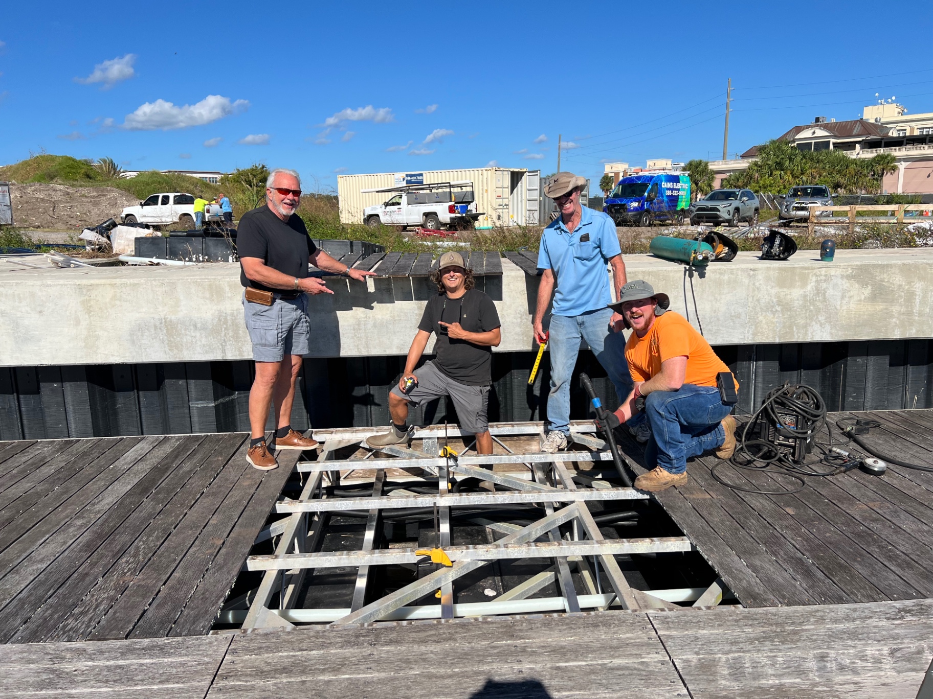 Construction crew reinforcing the docks