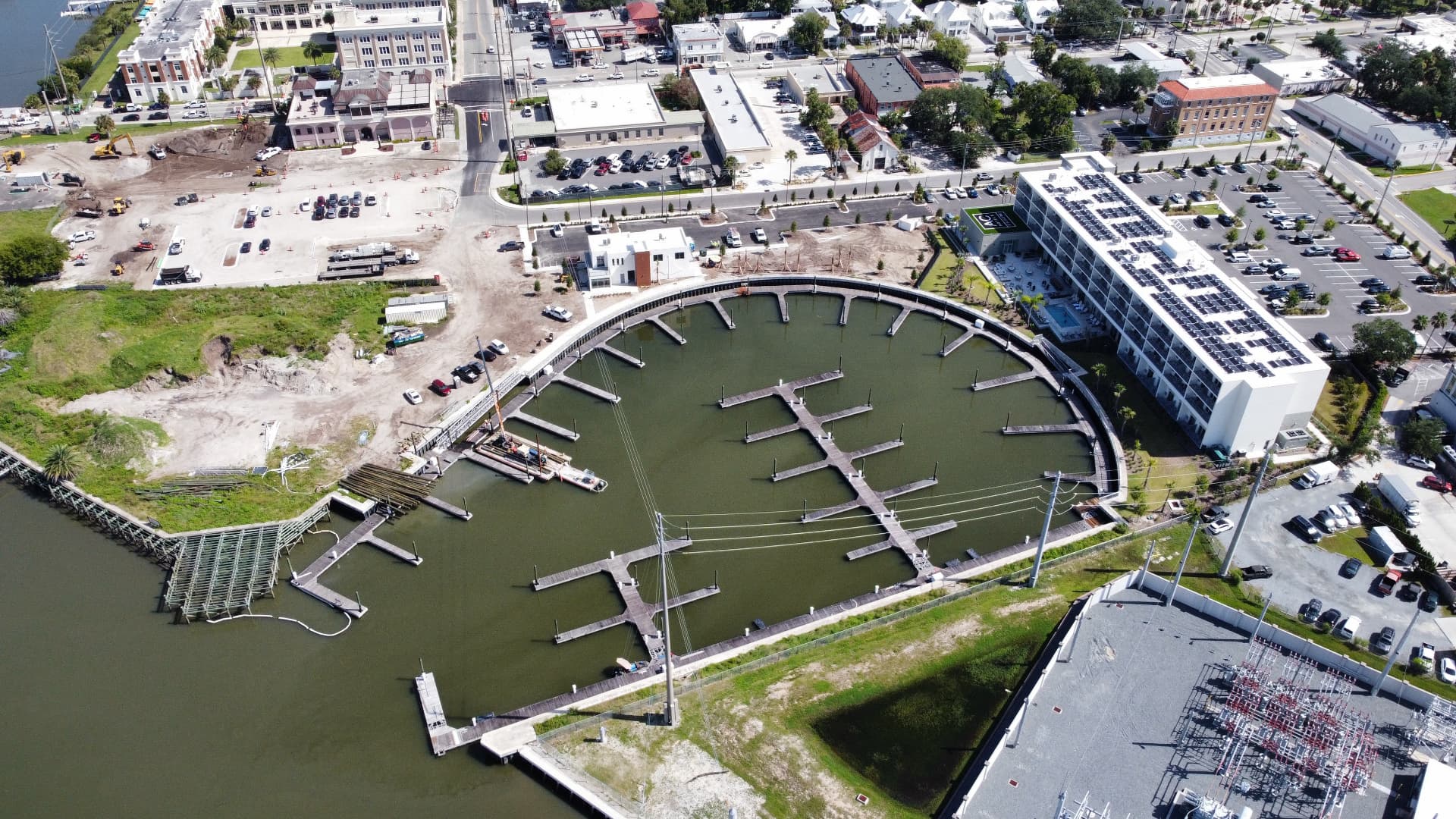 Aerial view of the marina basin and docks